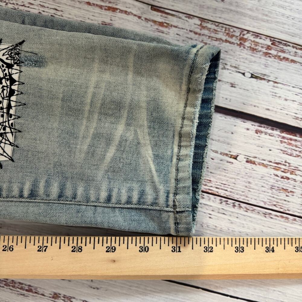 Serenede Tapered Jeans Bandana Paisley Patch Distressed Stretch Denim - Picture 9 of 9